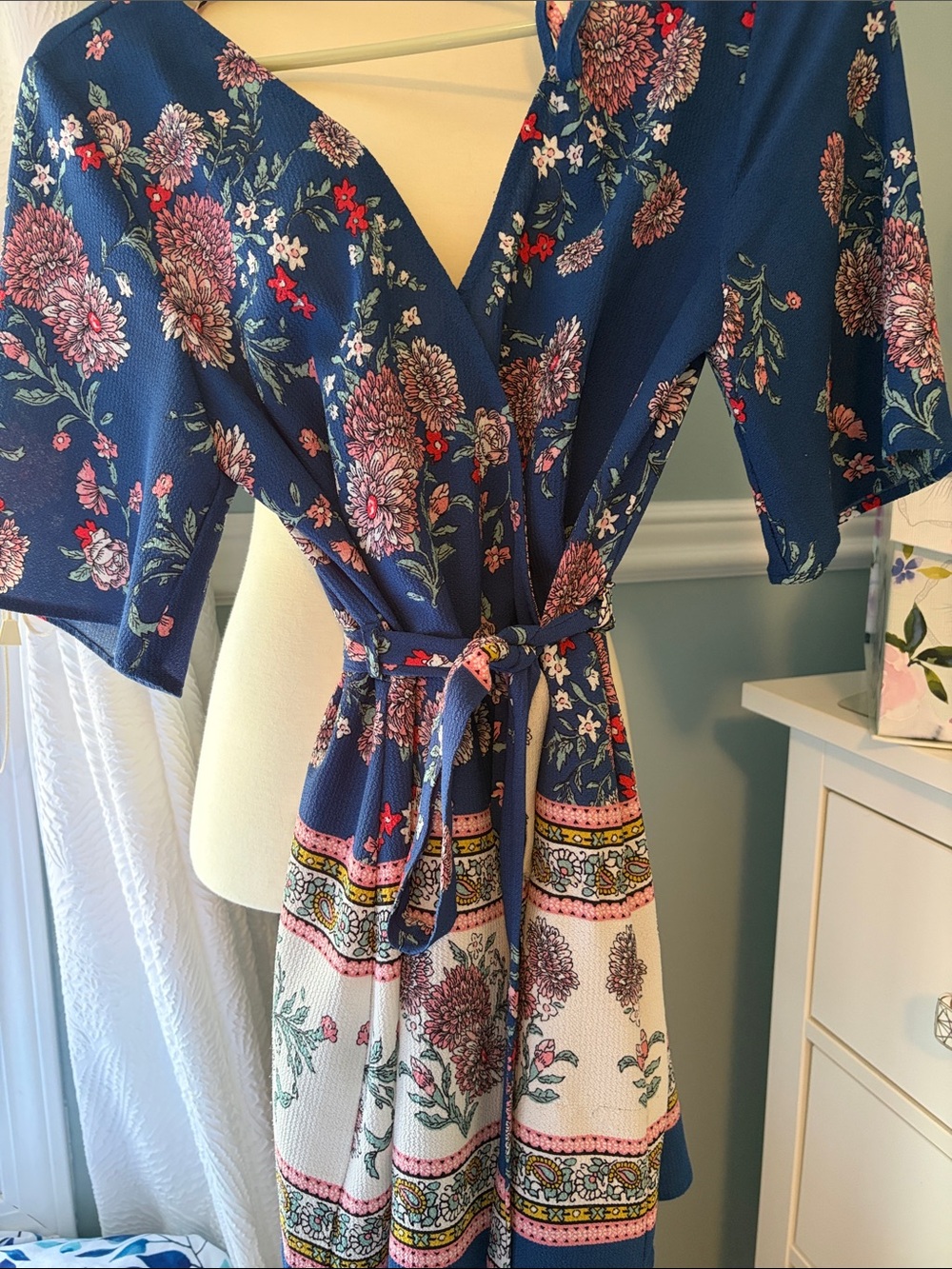Floral Navy Wrap Dress with Border Print